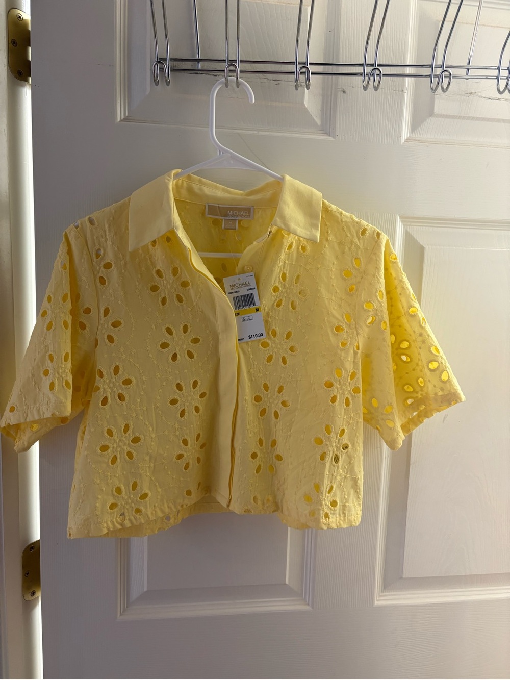 Michael Kors Pale Yellow Eyelet Cropped Button-Down Shirt